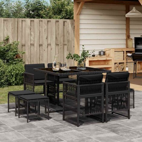 Ensemble de jardin en résine tressée noir 9 pièces avec coussins - Table et chaises pliantes avec verre trempé