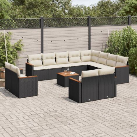 Ensemble de jardin en résine tressée noir avec table en acacia et 13 coussins - Salon d'extérieur complet