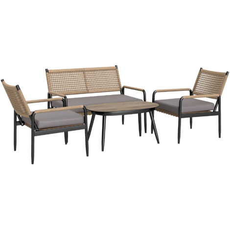 Ensemble de Jardin en Résine Tressée Salon Complet avec Canapé 2 Places, Fauteuil, Table en Verre et Coussins pour 4 Personnes Gris Foncé+Jaune