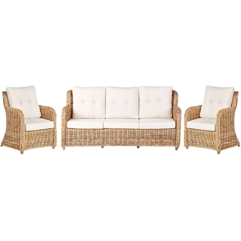 Ensemble de Jardin en Rotin 3 Places 2 Fauteuils Coussins Blanc Alessano