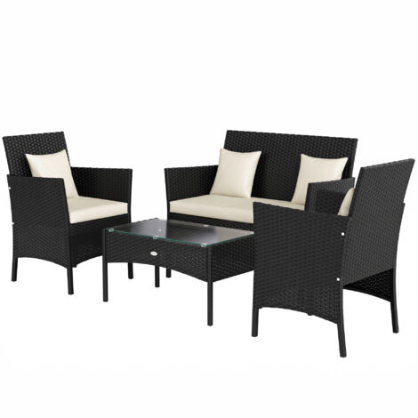 Ensemble de Jardin en Rotin 4 Pièces : 2 Chaises, Canapé 2 Places et Table Basse
