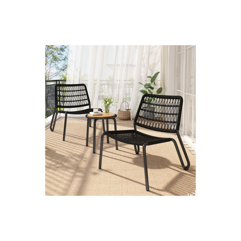 Lot de 3 ensemble de jardin, ensemble bistro, corde tressée à la main, plateau en bois massif, pour terrasse, jardin, balcon, noir