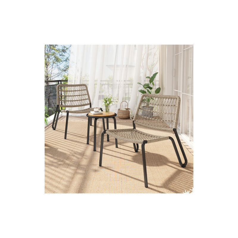 Lot de 3 ensemble de jardin, ensemble bistro, corde tressée à la main, plateau en bois massif, pour terrasse, jardin, balcon, beige