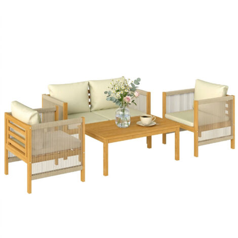 Ensemble de jardin - Ensemble de mobilier d'extérieur 4 pièces en bois d'acacia avec coussins amovibles et corde tressée naturelle