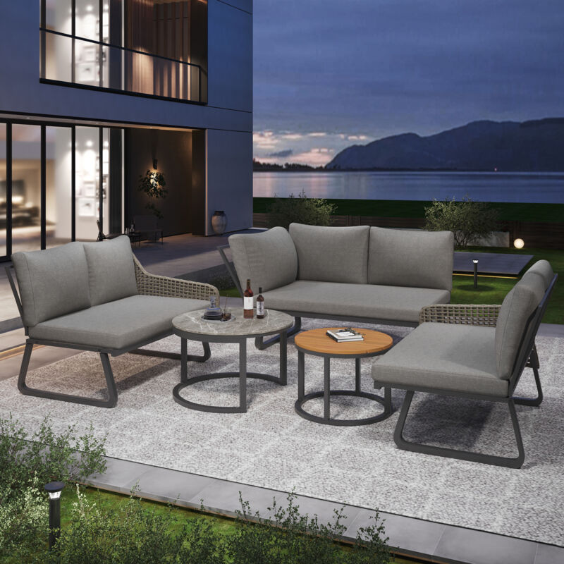 Ensemble de jardin extérieur 6-7 personnes en métal et rotin tressé main, Tables gigognes, Jambes réglables, coussins inclus, Gris