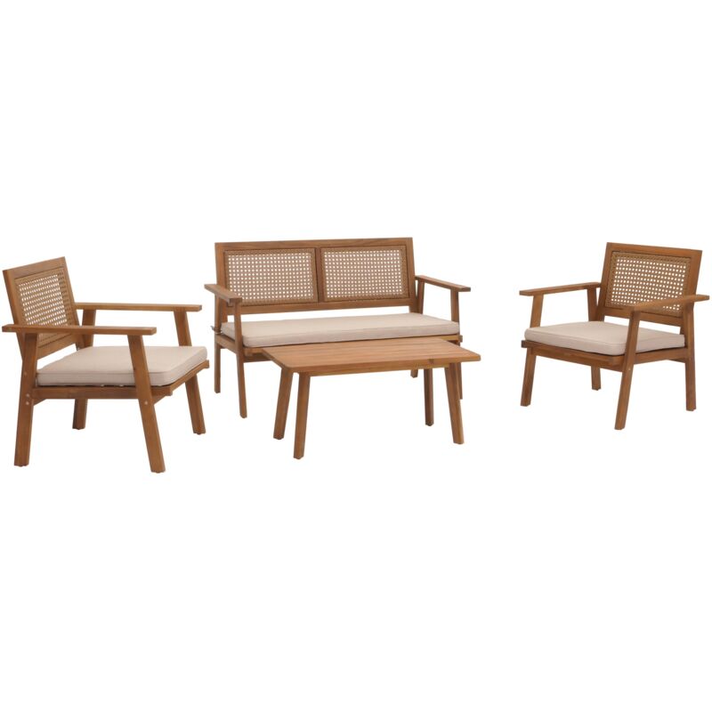Ensemble de jardin HHG 961, Lounge-Set Salon de jardin Banc Fauteuil Table, bois Acacia certifié mvg, Coussin crème
