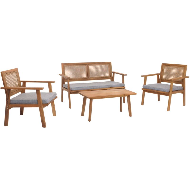 Ensemble de jardin HHG 961, Lounge-Set Salon de jardin Banc Fauteuil Table, bois Acacia certifié mvg, Coussin gris
