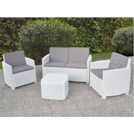 Ensemble de jardin j avec coussins, 1 canapé + 2 fauteuils (avec accoudoirs) + 1 table conteneur d'extérieur, Made in Italy, Blanc