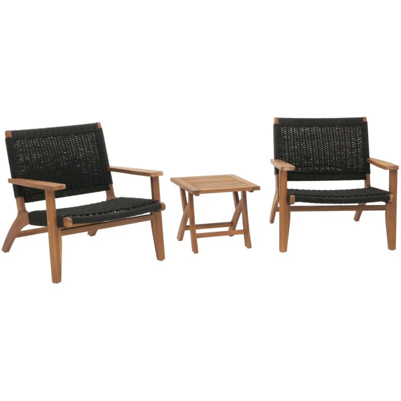 Ensemble de jardin lounge HHG 002, balcon ensemble de fauteuils, corde tressée Rope bois acacia certifié mvg, noir