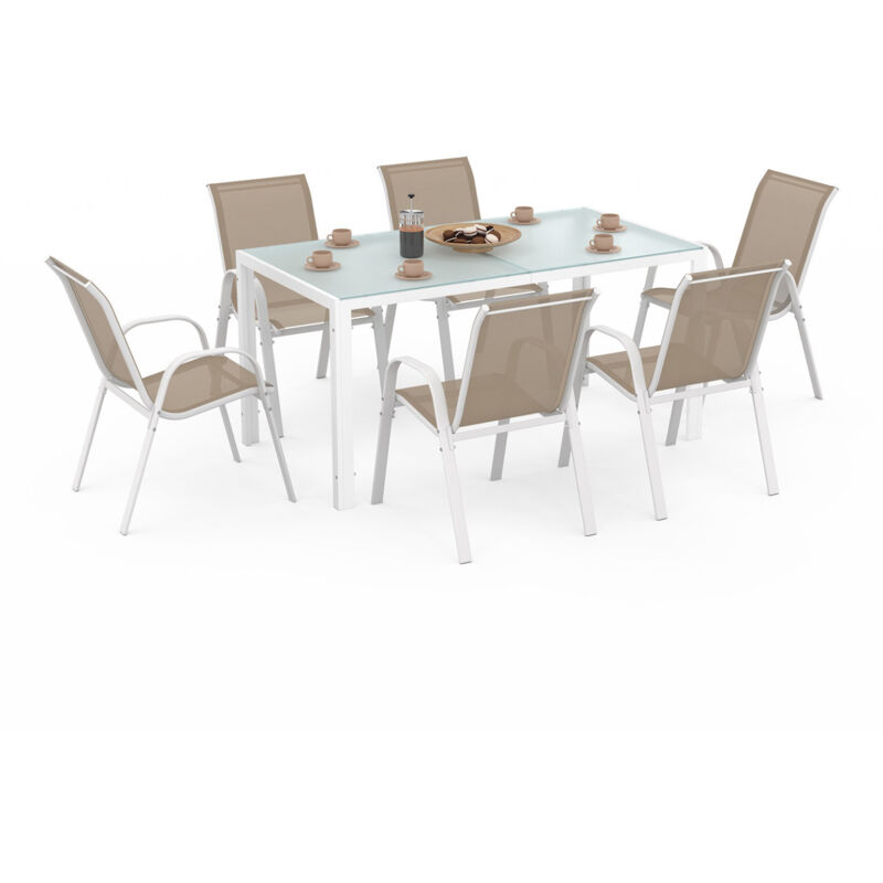 Salon de jardin madrid table 150 cm et 6 chaises empilables blanc et beige