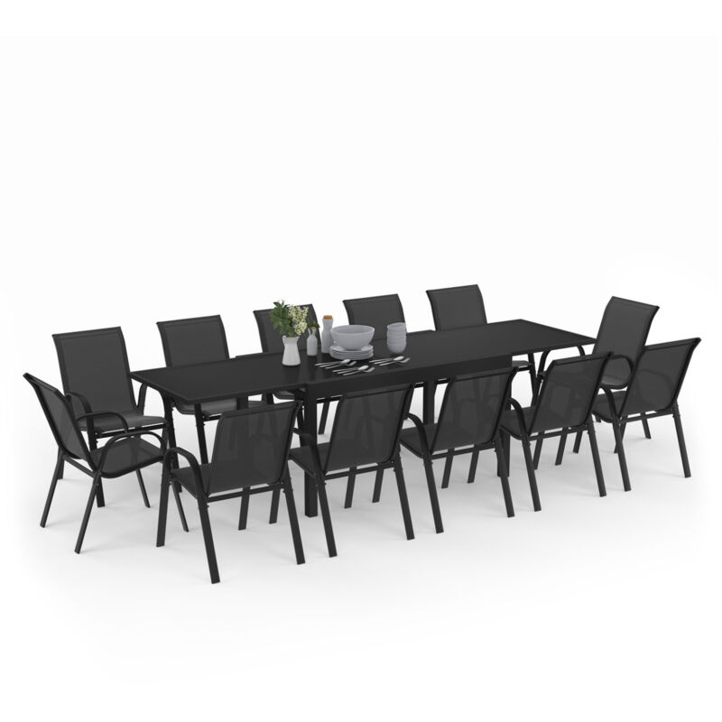 Salon de jardin madrid table extensible 135-270 cm et 12 chaises empilables noir
