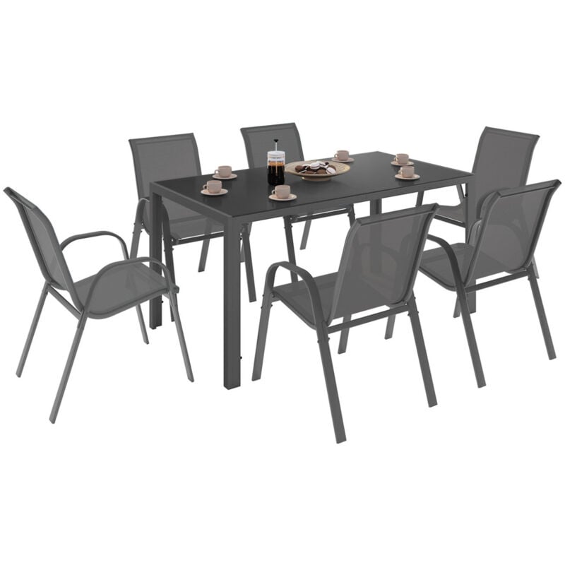 Salon de jardin madrid table 150 cm et 6 chaises empilables gris anthracite