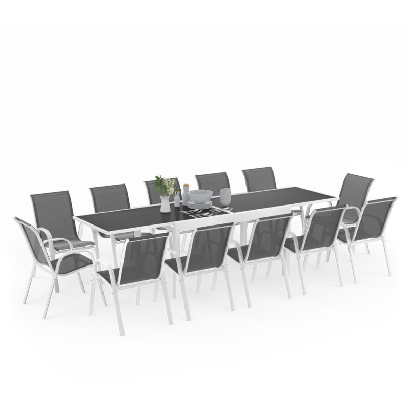 Salon de jardin MADRID table extensible 135-270 CM et 12 chaises empilables blanc et gris