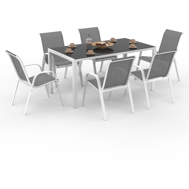 Salon de jardin madrid table 150 cm et 6 chaises empilables blanc et gris