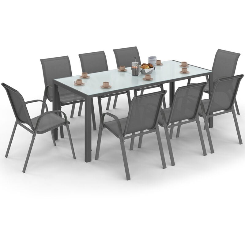 Salon de jardin madrid table 190 cm et 8 chaises empilables gris anthracite plateau transparent