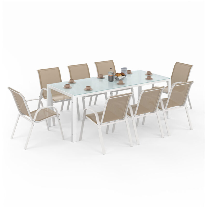 Salon de jardin madrid table 190 cm et 8 chaises empilables blanc et beige