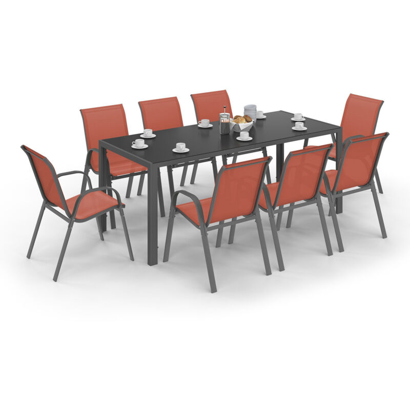 Salon de jardin madrid table 190 cm et 8 chaises empilables terracotta