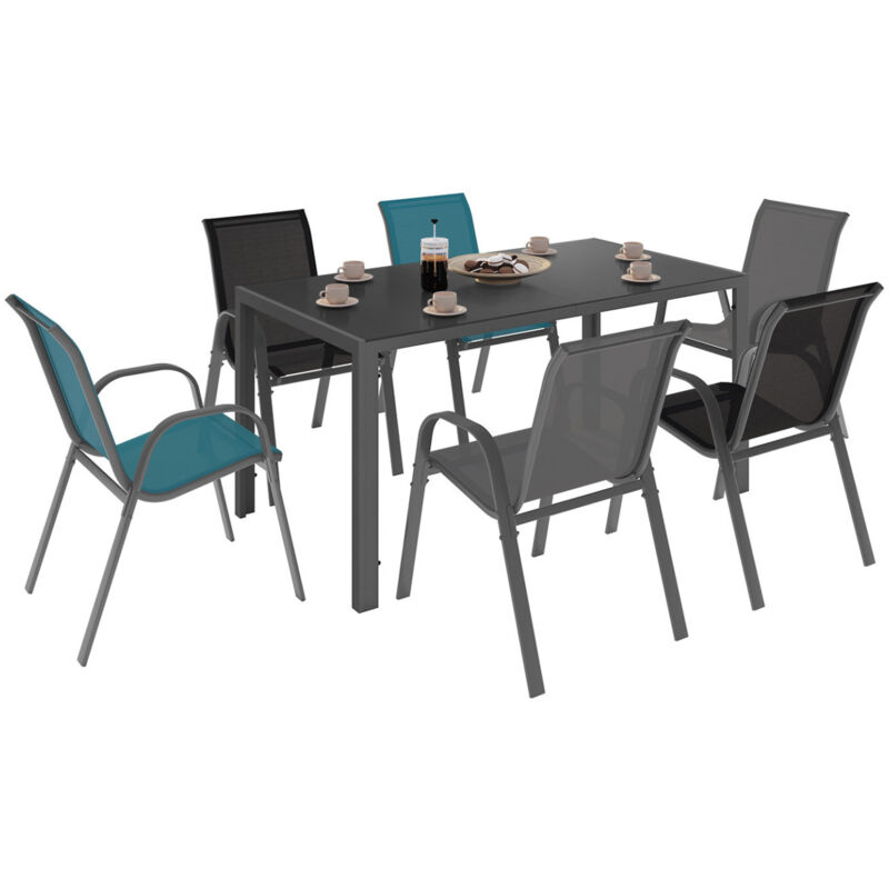 Salon de jardin madrid table 150 cm et 6 chaises empilables mix color gris, noir et bleu