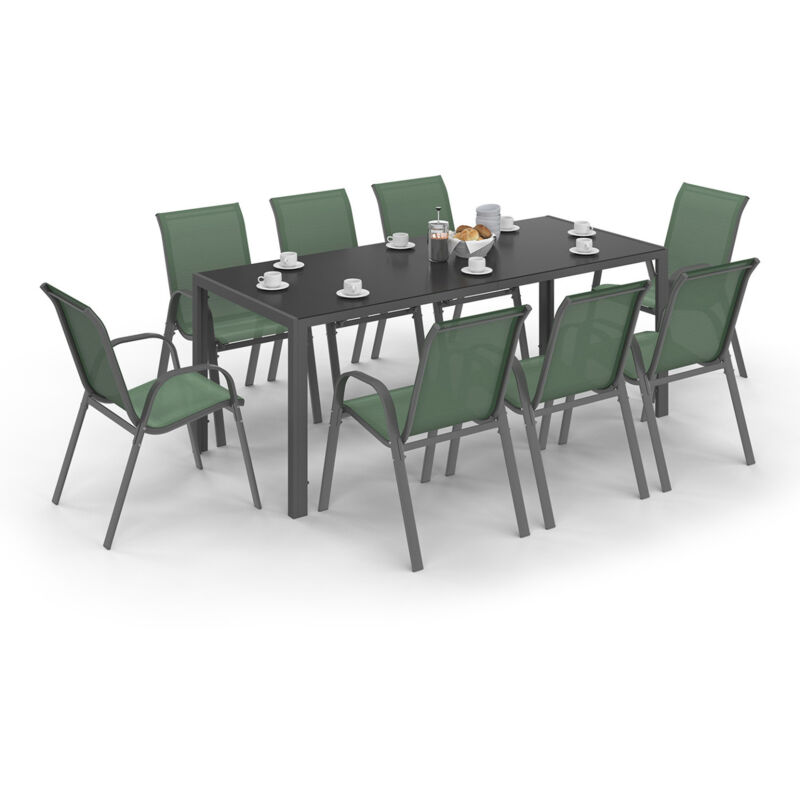 Salon de jardin MADRID table 190 cm et 8 chaises empilables vert olive
