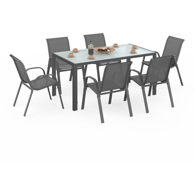 Salon de jardin madrid table 150 cm et 6 chaises empilables gris anthracite plateau clair