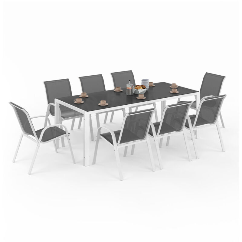 Salon de jardin MADRID table 190 CM et 8 chaises empilables blanc et