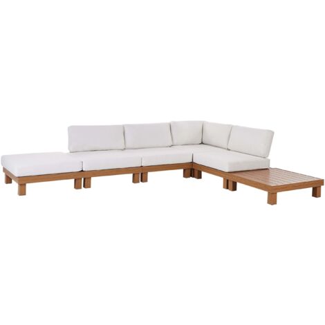 Ensemble de Jardin Modulable Aluminium Canapé d'Angle Table Basse Effet Bois Coussins Blanc Sanza