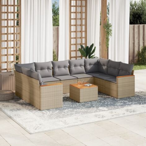 Ensemble de Jardin Modulaire 10 Places en Résine Tressée Beige avec Table en Acacia, Housse de Rangement et Coussins Gris Lavables