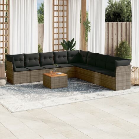 Ensemble de jardin modulaire 10 places en résine tressée gris avec coffres de rangement et table en acacia