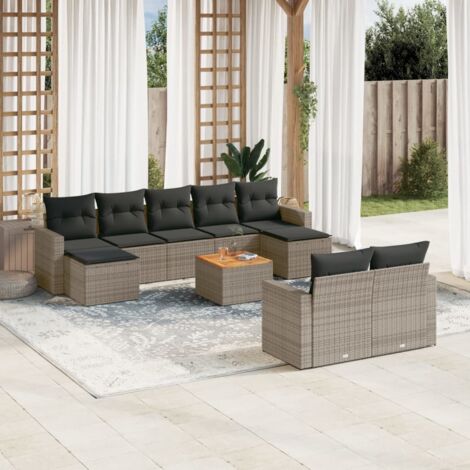 Ensemble de jardin modulaire 10 places gris 55x55cm Résine tressée avec table bois acacia et coussins lavables Lot de 10 pièces