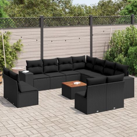 Ensemble de Jardin Modulaire 12 Pièces Noir en Résine Tressée Acacia, Coussins Dossier et Siège Amovibles, Sièges avec Rangement Intégré, Table en Bois, Livraison Complète