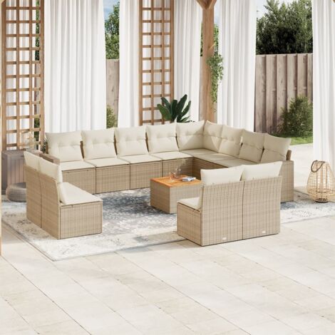Ensemble de Jardin Modulaire 13 pièces avec Coussins en Résine Tressée Beige, 12 Coussins de Siège, 13 Coussins Dossier, Table Bois d'Acacia, Stockage, Modulable