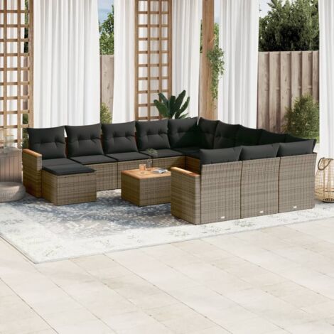 Ensemble de jardin modulaire 13 pièces gris Salon canapé résine tressée + table bois acacia + coussins lavables Design moderne et durable