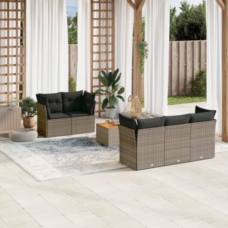 Ensemble de Jardin Modulaire 6 Pièces en Résine Tressée avec Table Bois Acacia et Coussins Gris - Stockage Intégré