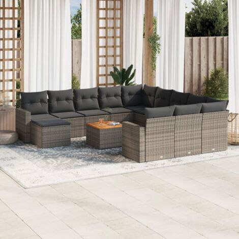 Ensemble de jardin modulaire en résine tressée gris, 13 pièces avec coussins et table acacia, 2 canapés, 7 sièges, 1 pouf, rangement intégré