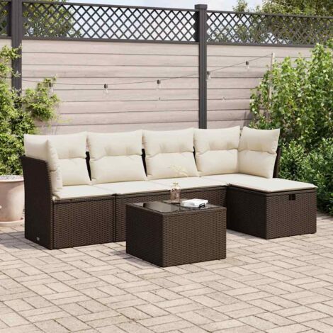 Ensemble de jardin modulaire en résine tressée marron, 6 places, avec 2 fauteuils d'angle, 2 banquettes, 1 pouf-table et 6 coussins crème