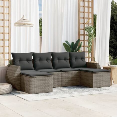 [Ensemble de Jardin Modulaire] Salon 6 Pièces en Résine Tressée Gris avec Coussins et Coffre de Rangement