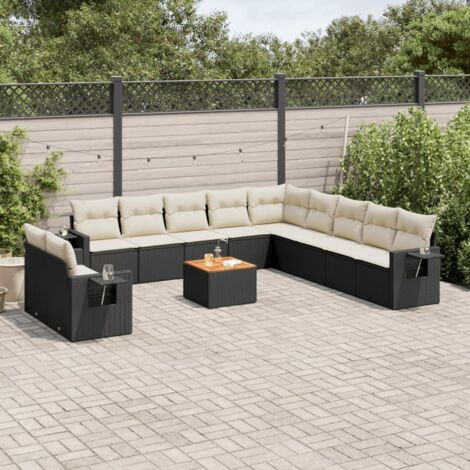 Ensemble de jardin résine tressée noir 12 pièces avec table acacia et coffres rangement intégré