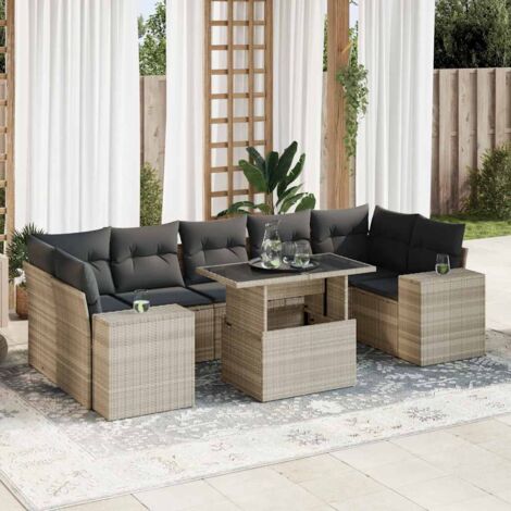 [Ensemble de Jardin] Salon 8 Pièces Résine Tressée Gris Clair avec Coussins et Table à Hauteur Réglable