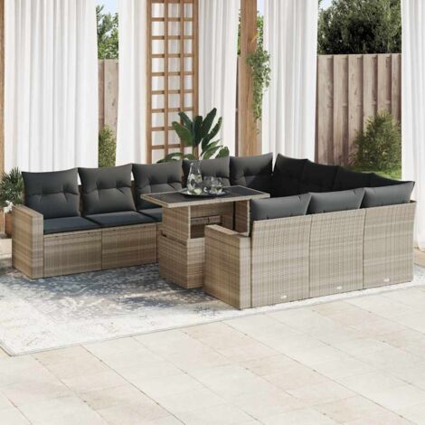 Ensemble de Jardin Salon complet gris 11 pièces (10 canapés + 1 table extensible) avec 22 coussins et rangement - Résine tressée résistante aux UV