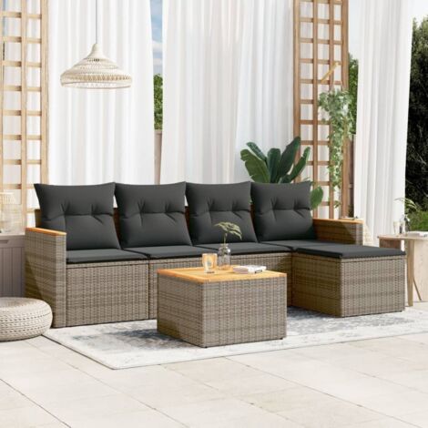 [Ensemble de jardin] Salon en résine tressée 5 pcs noir avec coussins blanc crème