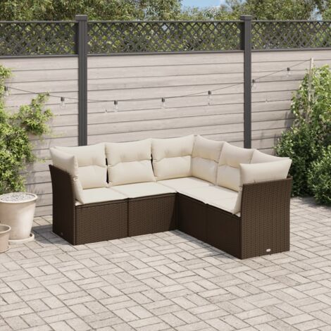 Ensemble de Jardin Salon en Résine Tressée Marron avec 5 Coussins Crème, 3 Sièges d'Angle et 2 Centraux, Housses Lavables, Modulaire