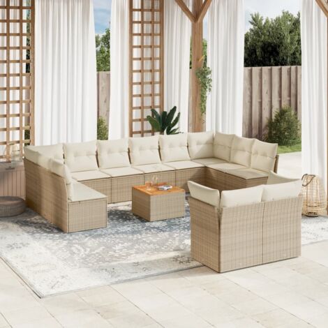 [Ensemble de jardin] Salon résine tressée beige 13 pièces avec table bois acacia et coussins amovibles