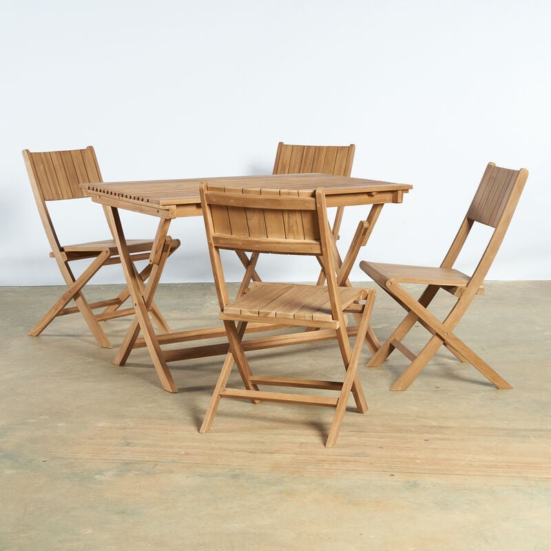 Wanda Collection - Ensemble de jardin table en teck et 4 chaises pliantes - Naturel