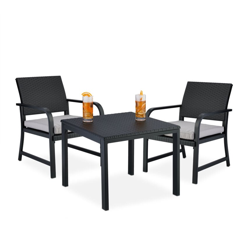 Ensemble de jardin, table et 2 chaises, aspect rotin, avec coussins, acier et plastique, noir - Relaxdays