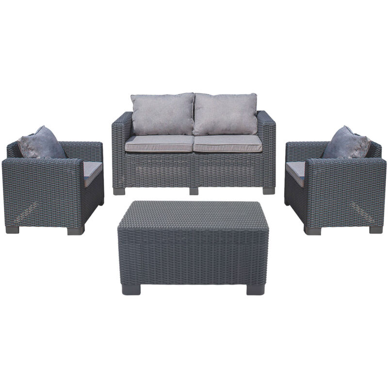 Ensemble de jardin Table rectangulaire, 1 canapé et 2 fauteuils avec coussins Menorca Anthracite 7house