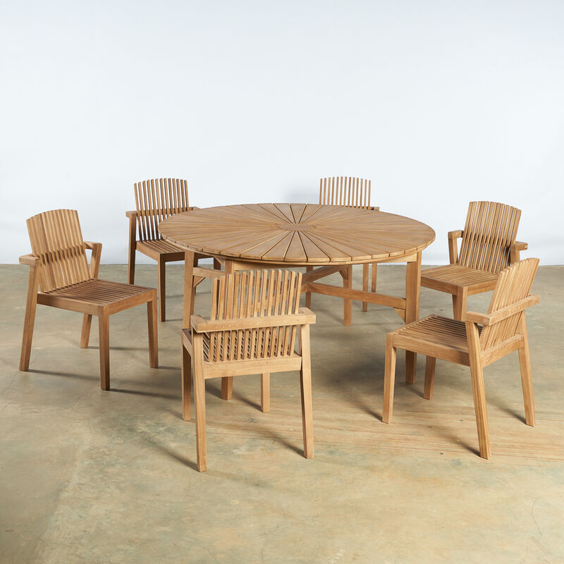 Ensemble de jardin table ronde et 6 chaises en teck - Naturel