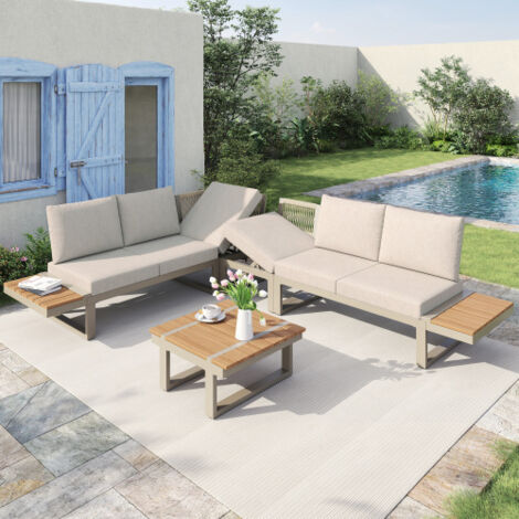 Ensemble de jardin transformable, 2 chaises longues, coin, inclinaison 5 positions, acier galvanisé, plateau plastique-bois, table basse, rangements, beige