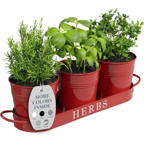 Ensemble de jardinières d'intérieur avec plateau, pots de fleurs en métal pour rebord de fenêtre avec drainage pour plantes d'intérieur ou d'extérieur, lot de 3 (rouge brique)