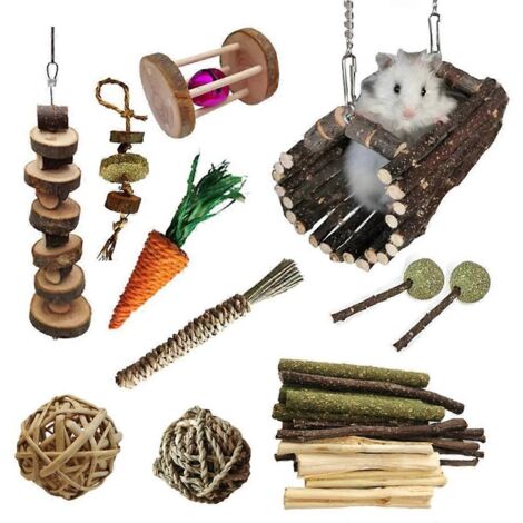 Ensemble de jouets amusants en bois naturel à mâcher pour petits animaux (souris, boules de rotin)
