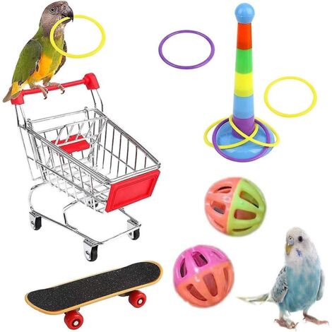 Ensemble de jouets colorés pour perroquet comprenant un panier, un anneau d'entraînement, un skateboard et une clochette - 5 pièces